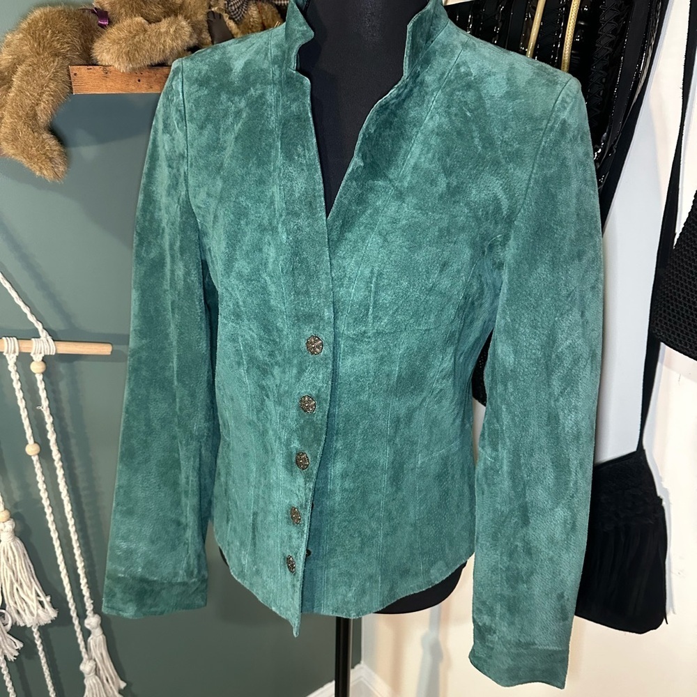 Coldwater Creek Green Suede Jacket XS Button Front Fitted Western Inspired